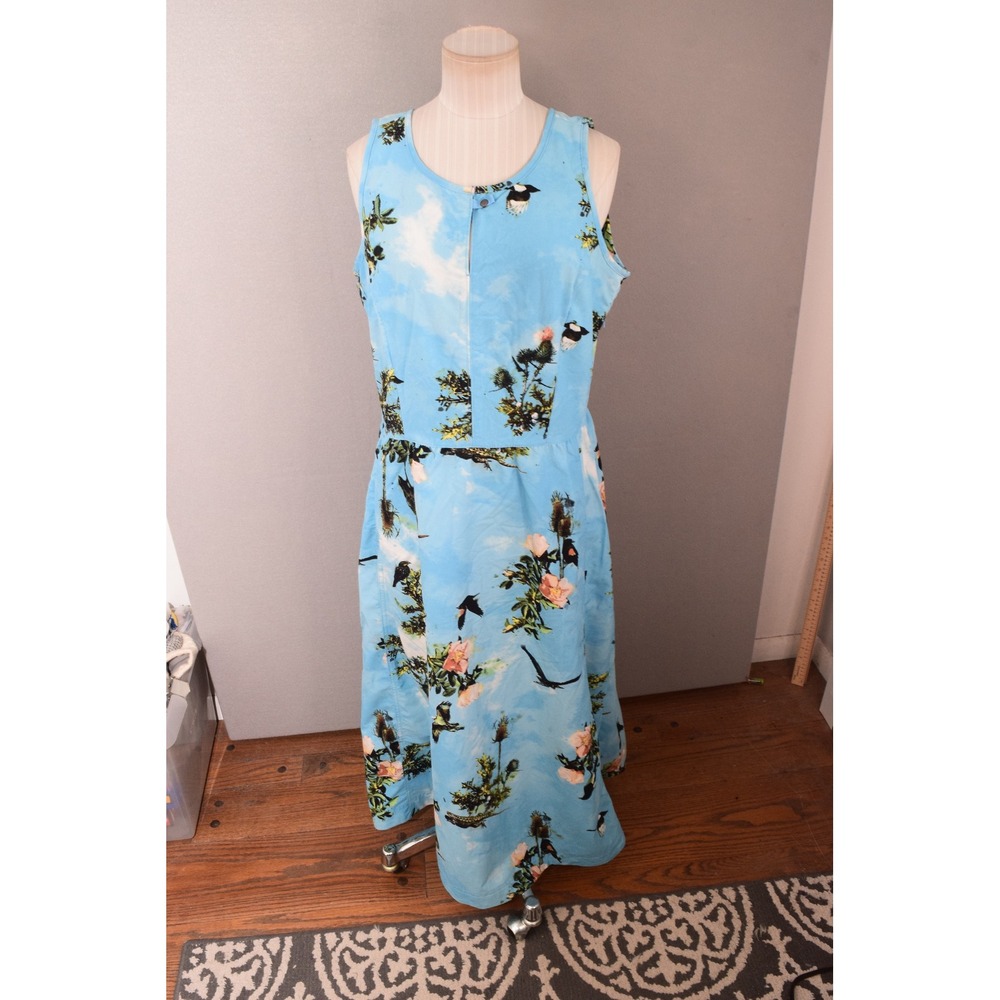 Columbia Midi Dress Large Blue Tropical Bird Floral Sleeveless Gorpcore Vtg